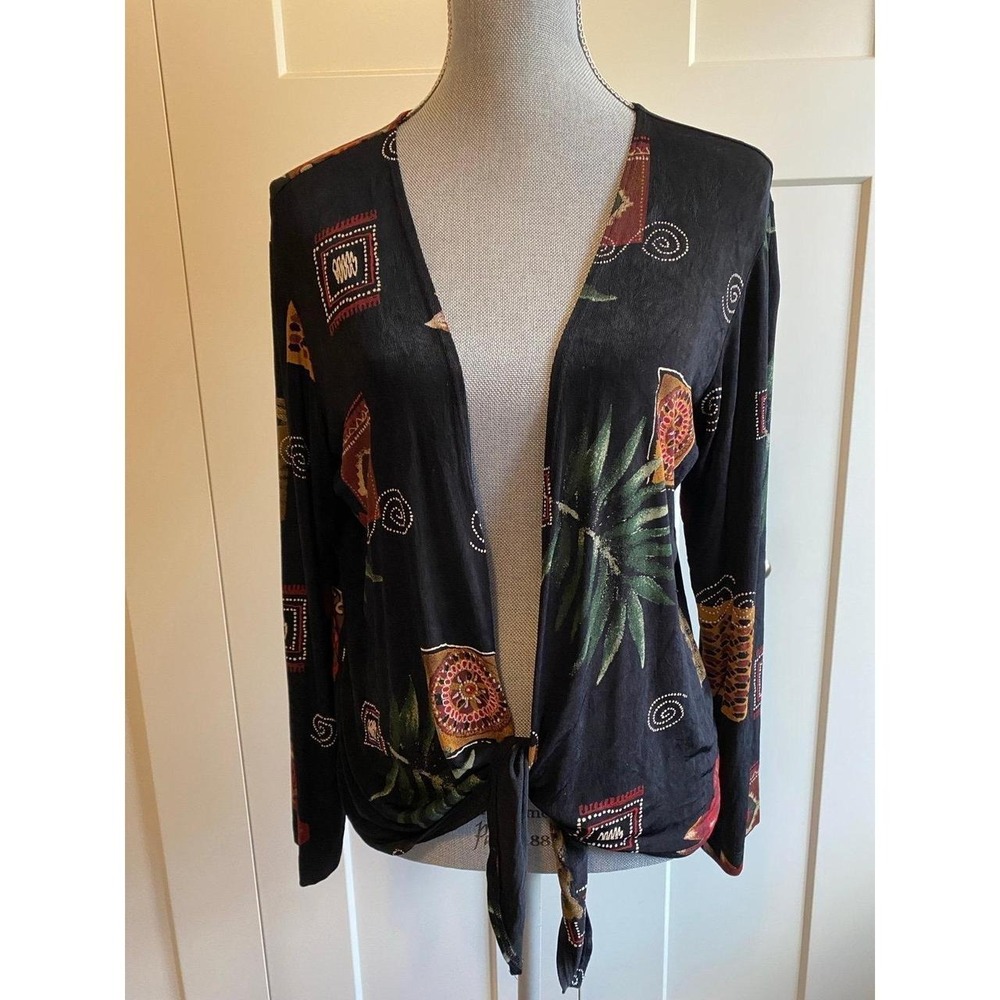 Chico's Travelers 2 Slinky Top Large Cardigan Tie Floral Liquid Knit sku44